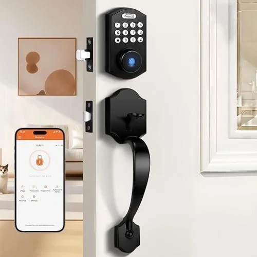 Probrico Smart Keyless Entry Door Lock Deadbolt with Handle Set,Fingerprint Door Deadbolt Lock,Front Door Lock Set with Smart Keypad Deadbolt,Electronic Digital Door Lock,App, Auto Lock,Black