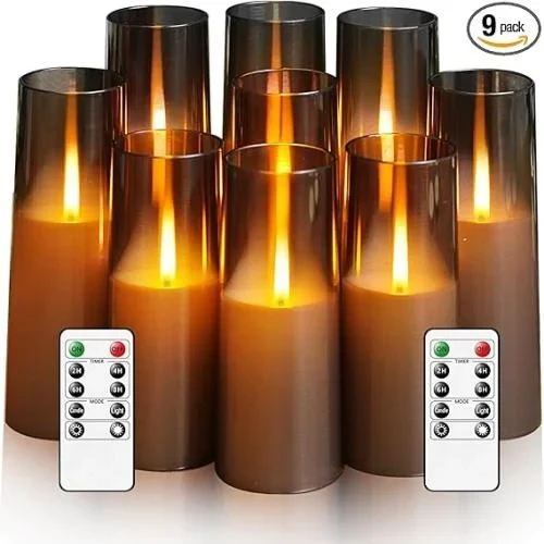 Flickering Flameless Candles 9 Pcs, Battery Operated Candles with Remote Timer, Realistic Pillar LED Candles for Home Decor (Grey)
